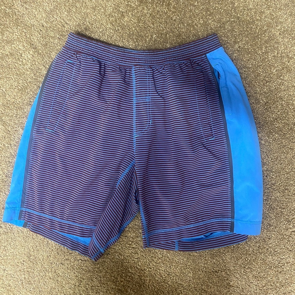Lululemon Shorts Men 30 Purple Blue Striped Logo Mid Rise Zip Pockets Drawstring